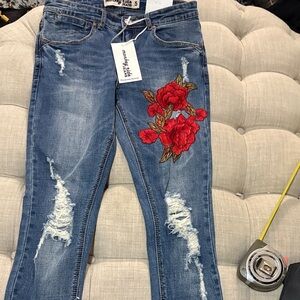 Stylish Blue Skinny Jeans with Red Floral Embroidery